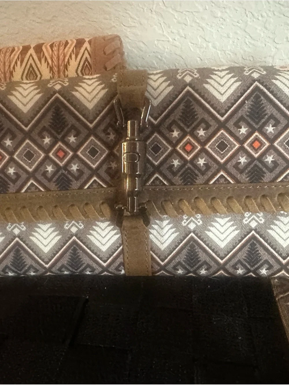 Myra Bag Brown Suede and Patterned Canvas Messenger